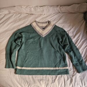 Abercrombie & Fitch Women’s V-neck Varsity Sweater Green White Trim